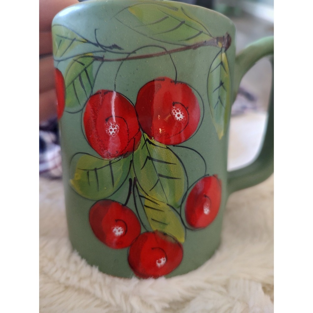Handmade Italy By HH Ceramic Pottery Art Coffee Mug Cup Hand Painted Cherries